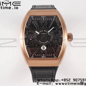 Franck Muller Vanguard V45 RG ABF Best Edition Black Dial With Black Numeral Markers on Black Leather Strap A2824 - Super Clone Watch | 1:1 Best Version