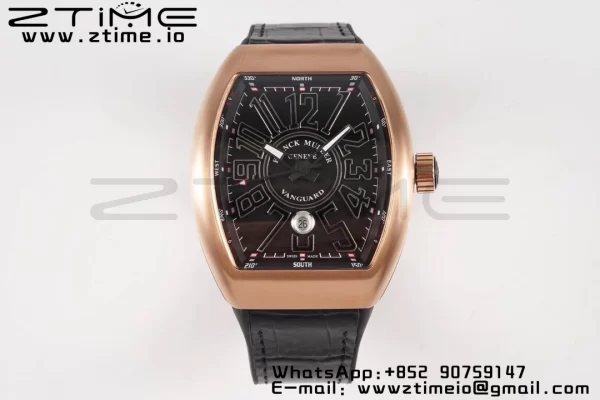 Franck Muller Vanguard V45 RG ABF Best Edition Black Dial With Black Numeral Markers on Black Leather Strap A2824 - Super Clone Watch | 1:1 Best Version