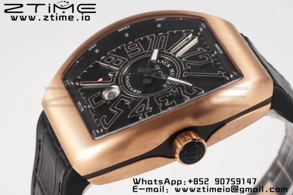 Franck Muller Vanguard V45 RG ABF Best Edition Black Dial With Black Numeral Markers on Black Leather Strap A2824 - Super Clone Watch | 1:1 Best Version