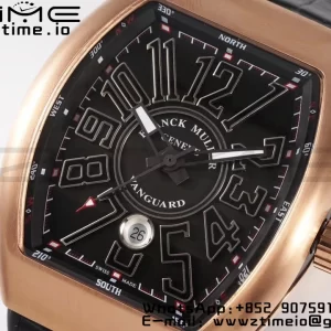 Franck Muller Vanguard V45 RG ABF Best Edition Black Dial With Black Numeral Markers on Black Leather Strap A2824 - Super Clone Watch | 1:1 Best Version