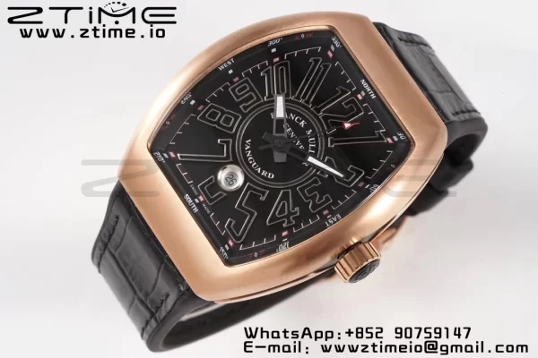Franck Muller Vanguard V45 RG ABF Best Edition Black Dial With Black Numeral Markers on Black Leather Strap A2824 - Super Clone Watch | 1:1 Best Version