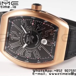 Franck Muller Vanguard V45 RG ABF Best Edition Black Dial With Black Numeral Markers on Black Leather Strap A2824 - Super Clone Watch | 1:1 Best Version