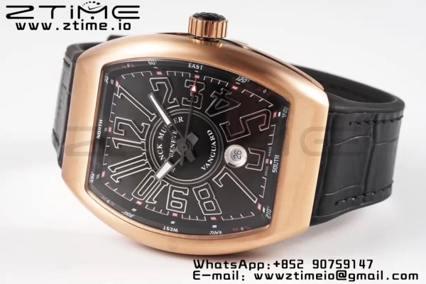 Franck Muller Vanguard V45 RG ABF Best Edition Black Dial With Black Numeral Markers on Black Leather Strap A2824 - Super Clone Watch | 1:1 Best Version