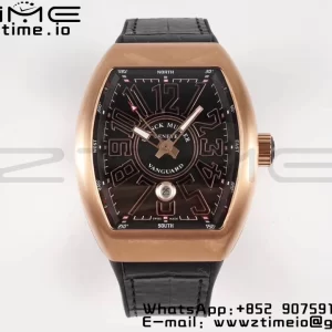 Franck Muller Vanguard V45 RG ABF Best Edition Black Dial With Rose Glod Numeral Markers on Black Leather Strap A2824 - Super Clone Watch | 1:1 Best Version