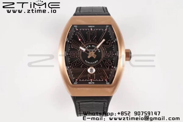 Franck Muller Vanguard V45 RG ABF Best Edition Musta Dial Rose Glod numeromerkit musta nahkahihna A2824 - Super Clone Watch | 1:1 Paras versio