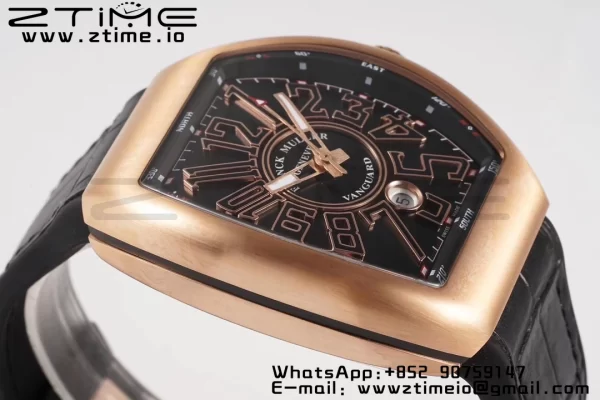 Franck Muller Vanguard V45 RG ABF Best Edition Musta Dial Rose Glod numeromerkit musta nahkahihna A2824 - Super Clone Watch | 1:1 Paras versio