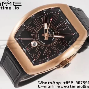 Franck Muller Vanguard V45 RG ABF Best Edition Musta Dial Rose Glod numeromerkit musta nahkahihna A2824 - Super Clone Watch | 1:1 Paras versio