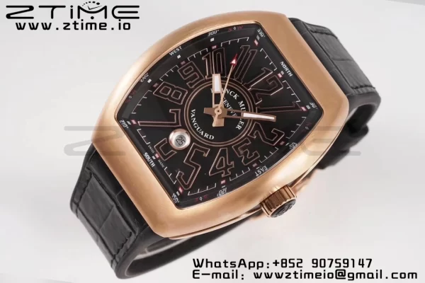 Franck Muller Vanguard V45 RG ABF Best Edition Musta Dial Rose Glod numeromerkit musta nahkahihna A2824 - Super Clone Watch | 1:1 Paras versio