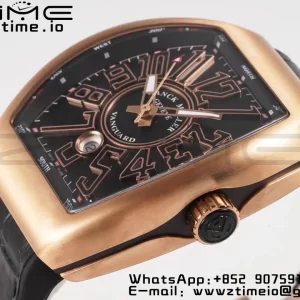 Franck Muller Vanguard V45 RG ABF Best Edition Musta Dial Rose Glod numeromerkit musta nahkahihna A2824 - Super Clone Watch | 1:1 Paras versio