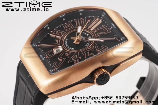 Franck Muller Vanguard V45 RG ABF Best Edition Musta Dial Rose Glod numeromerkit musta nahkahihna A2824 - Super Clone Watch | 1:1 Paras versio