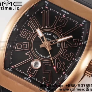 Franck Muller Vanguard V45 RG ABF Best Edition Musta Dial Rose Glod numeromerkit musta nahkahihna A2824 - Super Clone Watch | 1:1 Paras versio