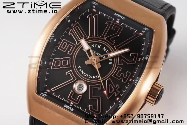 Franck Muller Vanguard V45 RG ABF Best Edition Musta Dial Rose Glod numeromerkit musta nahkahihna A2824 - Super Clone Watch | 1:1 Paras versio