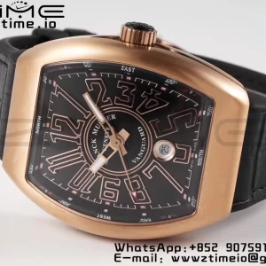 Franck Muller Vanguard V45 RG ABF Best Edition Musta Dial Rose Glod numeromerkit musta nahkahihna A2824 - Super Clone Watch | 1:1 Paras versio