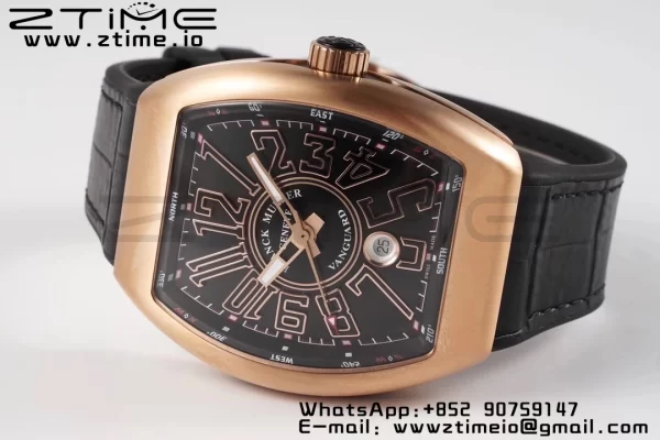 Franck Muller Vanguard V45 RG ABF Best Edition Musta Dial Rose Glod numeromerkit musta nahkahihna A2824 - Super Clone Watch | 1:1 Paras versio
