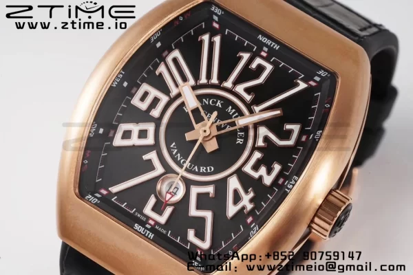 Franck Muller Franck Muller Vanguard V45 RG ABF Best Edition Black Dial With White Numeral Markers on Black Leather Strap A2824 - Super Clone Watch | 1:1 Best Version