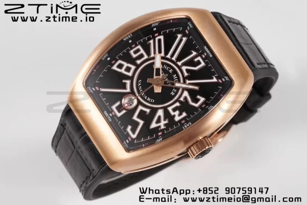 Franck Muller Franck Muller Vanguard V45 RG ABF Best Edition Black Dial With White Numeral Markers on Black Leather Strap A2824 - Super Clone Watch | 1:1 Best Version