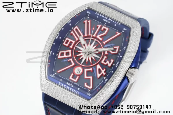 Franck Muller Vanguard V45 SS OXF ABF Best Edition Blue Textured Dial Red Markers on Blue Gummy Strap A2824 - Super Clone Watch | 1:1 Best Version