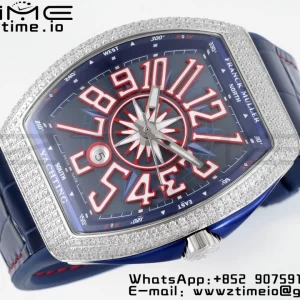 Franck Muller Vanguard V45 SS OXF ABF Best Edition Blue Textured Dial Red Markers on Blue Gummy Strap A2824 - Super Clone Watch | 1:1 Best Version