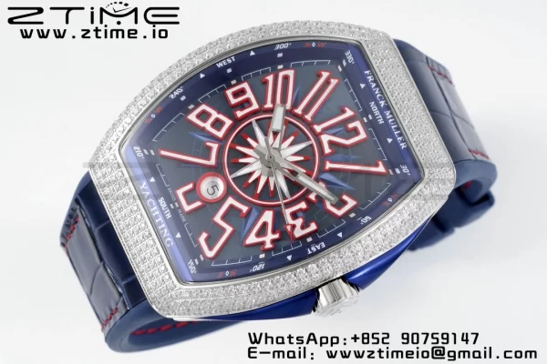 Franck Muller Vanguard V45 SS OXF ABF Best Edition Blue Textured Dial Red Markers on Blue Gummy Strap A2824 - Super Clone Watch | 1:1 Best Version