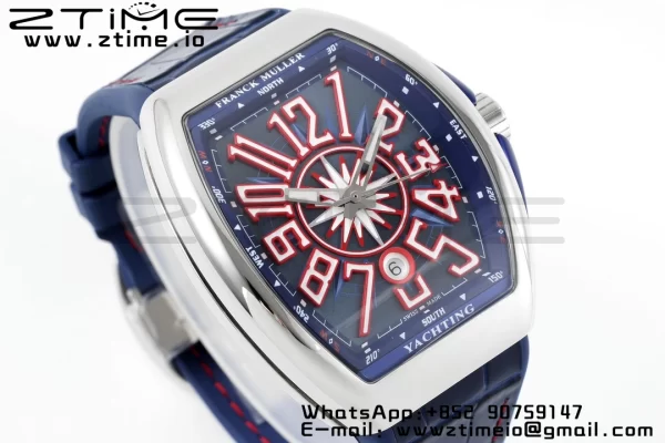 Franck Muller Vanguard V45 SS OXF ABF Best Edition Blue Textured Dial with Red Numeral Markers on Blue Gummy Strap A2824 - Super Clone Watch | 1:1 Best Version