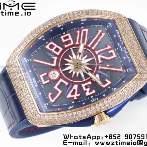Franck Muller Vanguard V45 SS OXF ABF Best Edition Blue Textured Dial Red Markers on Blue Gummy Strap A2824 - Super Clone Watch | 1:1 Best Version