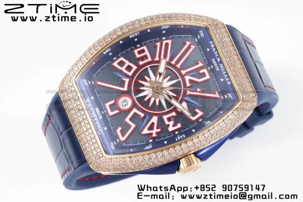 Franck Muller Vanguard V45 SS OXF ABF Best Edition Blue Textured Dial Red Markers on Blue Gummy Strap A2824 - Super Clone Watch | 1:1 Best Version