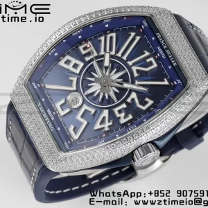 Franck Muller Vanguard V45 SS OXF ABF Best Edition Blue Textured Dial White Markers on Blue Gummy Strap A2824 - Super Clone Watch | 1:1 Best Version