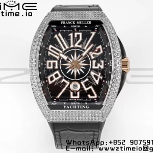 Franck Muller Vanguard V45 SS OXF ABF Best Edition Black Textured Dial Diamonds Markers on Black Gummy Strap A2824 - Super Clone Watch | 1:1 Best Version