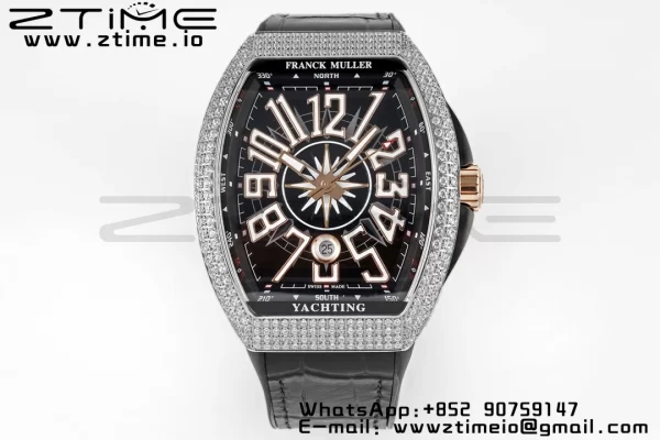 Franck Muller Vanguard V45 SS OXF ABF Best Edition Black Textured Dial Diamonds Markers on Black Gummy Strap A2824 - Super Clone Watch | 1:1 Best Version