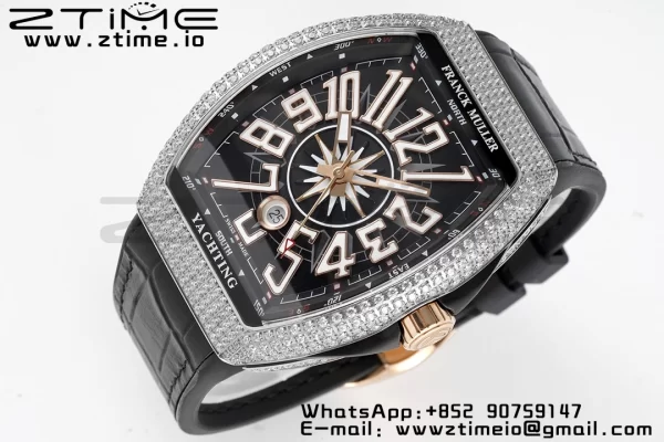 Franck Muller Vanguard V45 SS OXF ABF Best Edition Black Textured Dial Diamonds Markers on Black Gummy Strap A2824 - Super Clone Watch | 1:1 Best Version