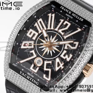 Franck Muller Vanguard V45 SS OXF ABF Best Edition Black Textured Dial Diamonds Markers on Black Gummy Strap A2824 - Super Clone Watch | 1:1 Best Version
