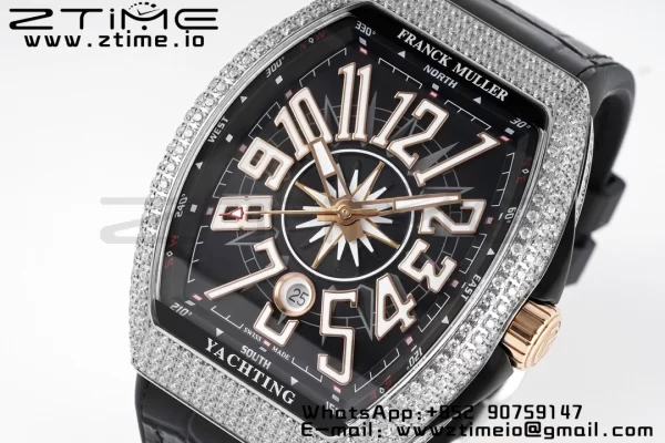 Franck Muller Vanguard V45 SS OXF ABF Best Edition Black Textured Dial Diamonds Markers on Black Gummy Strap A2824 - Super Clone Watch | 1:1 Best Version