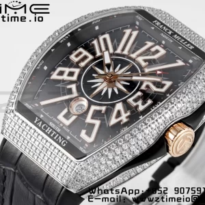 Franck Muller Vanguard V45 SS OXF ABF Best Edition Black Textured Dial Diamonds Markers on Black Gummy Strap A2824 - Super Clone Watch | 1:1 Best Version