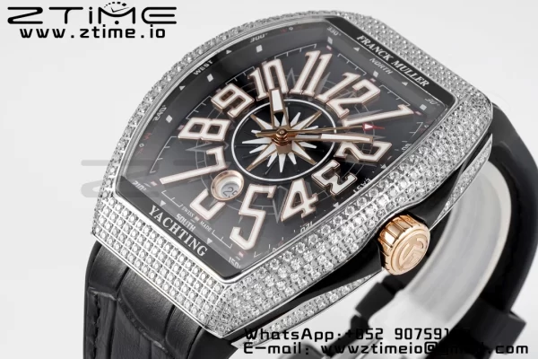 Franck Muller Vanguard V45 SS OXF ABF Best Edition Black Textured Dial Diamonds Markers on Black Gummy Strap A2824 - Super Clone Watch | 1:1 Best Version