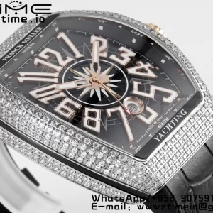 Franck Muller Vanguard V45 SS OXF ABF Best Edition Black Textured Dial Diamonds Markers on Black Gummy Strap A2824 - Super Clone Watch | 1:1 Best Version