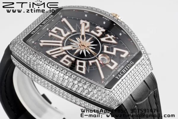 Franck Muller Vanguard V45 SS OXF ABF Best Edition Black Textured Dial Diamonds Markers on Black Gummy Strap A2824 - Super Clone Watch | 1:1 Best Version