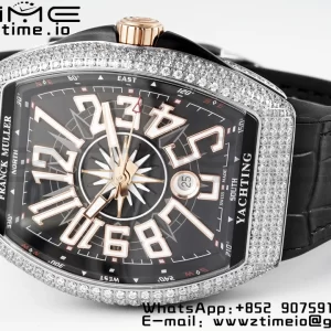 Franck Muller Vanguard V45 SS OXF ABF Best Edition Black Textured Dial Diamonds Markers on Black Gummy Strap A2824 - Super Clone Watch | 1:1 Best Version