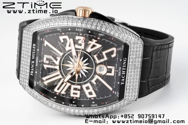 Franck Muller Vanguard V45 SS OXF ABF Best Edition Black Textured Dial Diamonds Markers on Black Gummy Strap A2824 - Super Clone Watch | 1:1 Best Version