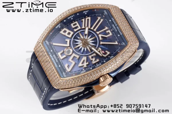 Franck Muller Vanguard V45 RS OXF ABF Best Edition Blue Textured Dial Diamonds Markers on Blue Gummy Strap A2824 - Super Clone Watch | 1:1 Best Version
