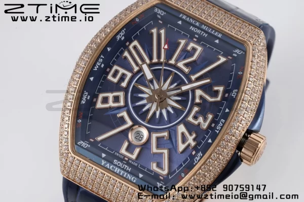 Franck Muller Vanguard V45 RS OXF ABF Best Edition Blue Textured Dial Diamonds Markers on Blue Gummy Strap A2824 - Super Clone Watch | 1:1 Best Version