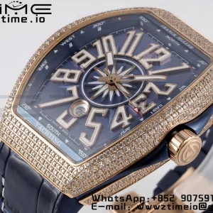 Franck Muller Vanguard V45 RS OXF ABF Best Edition Blue Textured Dial Diamonds Markers on Blue Gummy Strap A2824 - Super Clone Watch | 1:1 Best Version