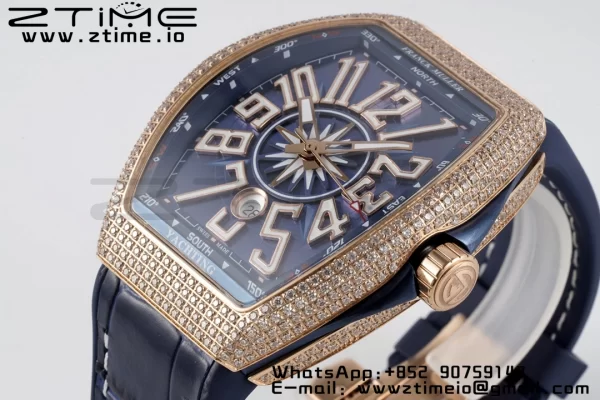 Franck Muller Vanguard V45 RS OXF ABF Best Edition Blue Textured Dial Diamonds Markers on Blue Gummy Strap A2824 - Super Clone Watch | 1:1 Best Version
