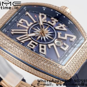 Franck Muller Vanguard V45 RS OXF ABF Best Edition Blue Textured Dial Diamonds Markers on Blue Gummy Strap A2824 - Super Clone Watch | 1:1 Best Version