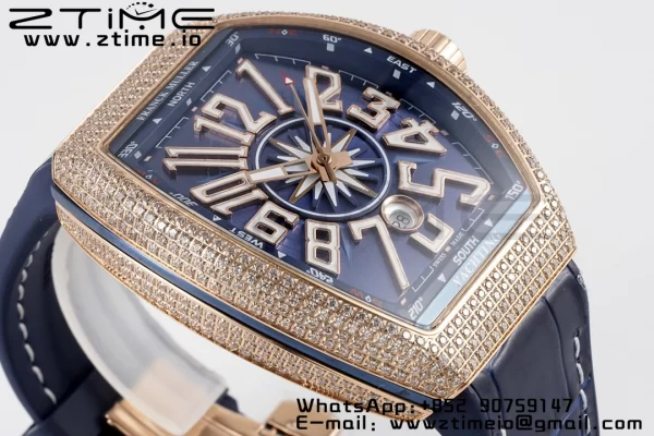 Franck Muller Vanguard V45 RS OXF ABF Best Edition Blue Textured Dial Diamonds Markers on Blue Gummy Strap A2824 - Super Clone Watch | 1:1 Best Version