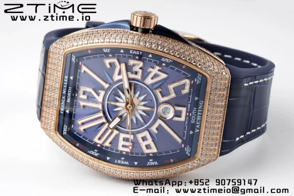 Franck Muller Vanguard V45 RS OXF ABF Best Edition Blue Textured Dial Diamonds Markers on Blue Gummy Strap A2824 - Super Clone Watch | 1:1 Best Version