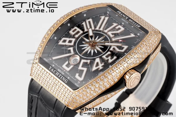 Franck Muller Vanguard V45 RS OXF ABF Best Edition Black Textured Dial Diamonds Markers on Black Gummy Strap A2824 - Super Clone Watch | 1:1 Best Version