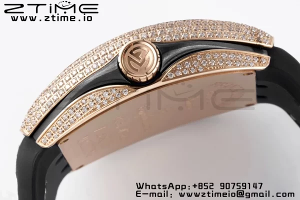 Franck Muller Vanguard V45 RS OXF ABF Best Edition Black Textured Dial Diamonds Markers on Black Gummy Strap A2824 - Super Clone Watch | 1:1 Best Version