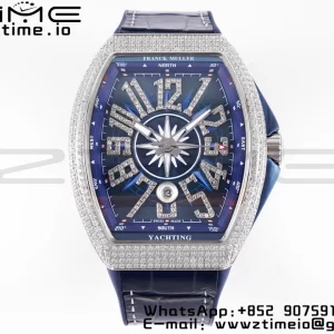 Franck Muller Vanguard V45 SS OXF ABF Best Edition Blue Textured Dial Diamonds Markers on Blue Gummy Strap A2824 - Super Clone Watch | 1:1 Best Version
