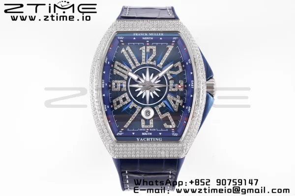 Franck Muller Vanguard V45 SS OXF ABF Best Edition Blue Textured Dial Diamonds Markers on Blue Gummy Strap A2824 - Super Clone Watch | 1:1 Best Version