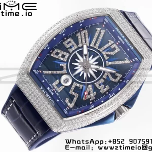Franck Muller Vanguard V45 SS OXF ABF Best Edition Blue Textured Dial Diamonds Markers on Blue Gummy Strap A2824 - Super Clone Watch | 1:1 Best Version
